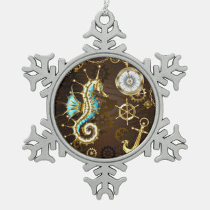 Ornement Flocon De Neige Arrière - plan en bois avec cheval de mer mécaniqu