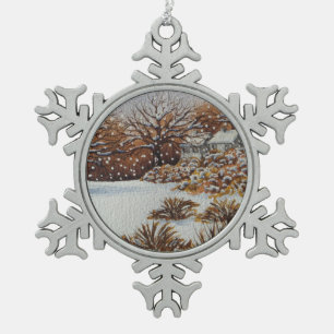 Ornement Flocon De Neige Art rural de scène de neige de cottages de Noël