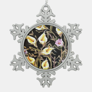 Ornement Flocon De Neige Arum Lily Design Floral Artistique Sur Noir
