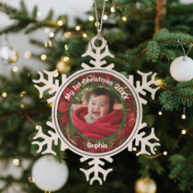 Baby 1er Noël Floral Cramoisi Photo Nom Année
