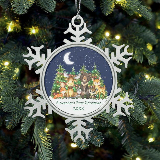 Ornement Flocon De Neige Baby First Christmas Forest Animaux Lumières Ciel (Customize with name and year.)