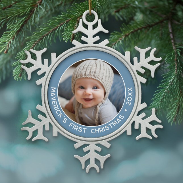 Ornement Flocon De Neige Baby First Christmas Simple Pastel Denim Blue Boy (Personalized pewter Christmas Ornament - Baby's First Christmas)