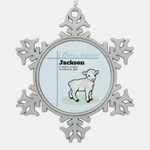 Ornement Flocon De Neige Baptême Agneau Garçon Bleu, Personnalisable