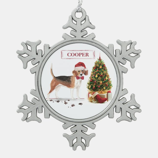 Ornement Flocon De Neige Beagle drôle Chien de Noël avec arbre (Devant)