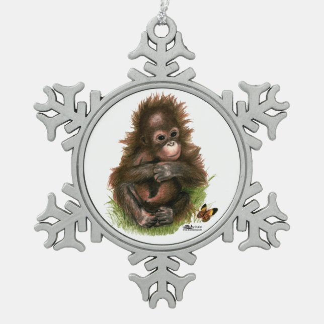 Ornement Flocon De Neige Bébé orang-outan et papillon (Devant)