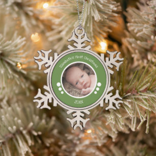 Ornement Flocon De Neige Bébé Premier photo année verte