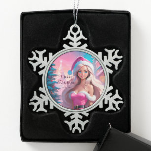 Ornement Flocon De Neige Belle fille de Noël rose 01