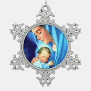 Ornement Flocon De Neige Bienheureuse Vierge Marie avec Bébé Jésus