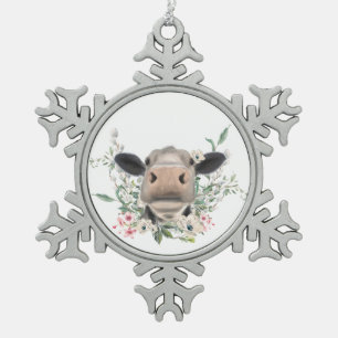 Ornement Flocon De Neige bisou de nez de vache fleurs aquarelle gris animal