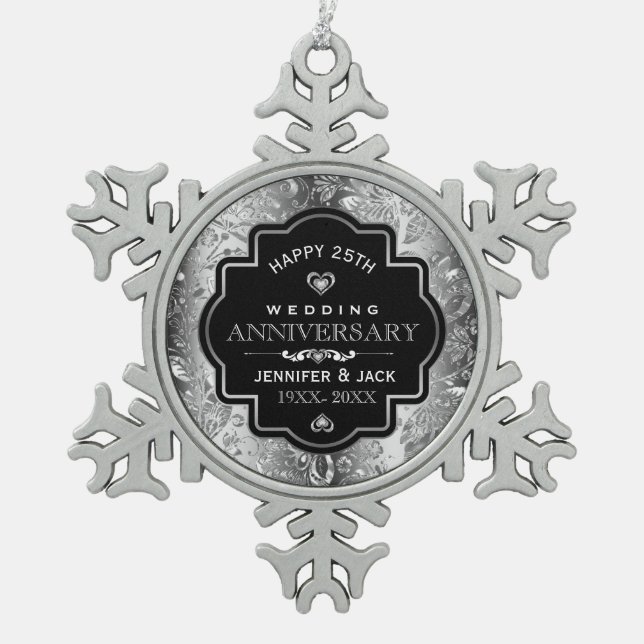 Ornement Flocon De Neige Black Frame & Silver Damask 25e anniversaire (Devant)