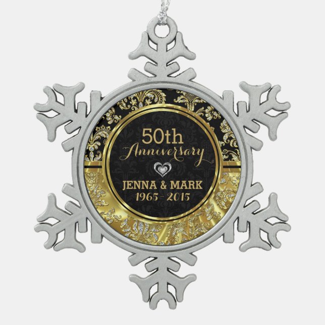 Ornement Flocon De Neige Black & Gold 50e anniversaire Mariage Ornament 2a (Devant)
