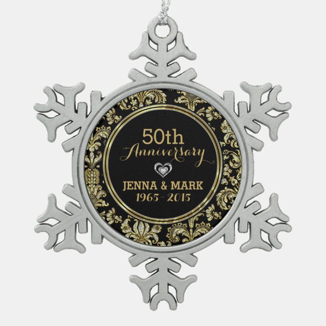 Ornement Flocon De Neige Black & Gold 50e anniversaire Mariage Ornament 2a (Devant)
