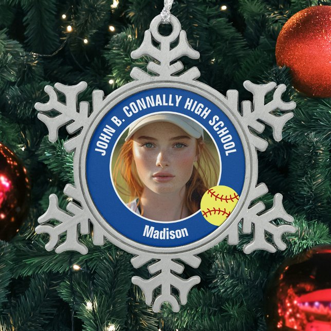 Ornement Flocon De Neige Blue Softball Player Photo High School Keepsake (Créateur téléchargé)