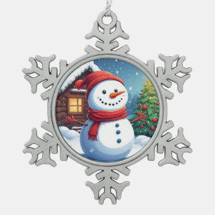 Ornement Flocon De Neige Bonhomme de neige joyeux avec sapin de Noël