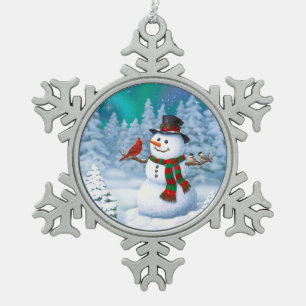 Ornement Flocon De Neige Bonhomme de neige joyeux de Noël & Oiseaux Scène h