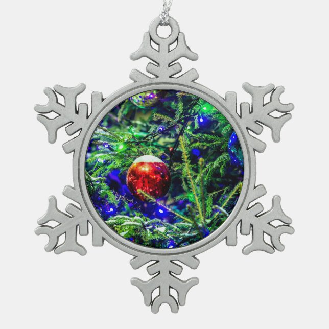 Ornement Flocon De Neige Boule rouge arbre de Noël vert (Devant)