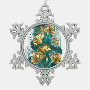 Ornement Flocon De Neige Branche avec Feuilles d'or Ginko Biloba