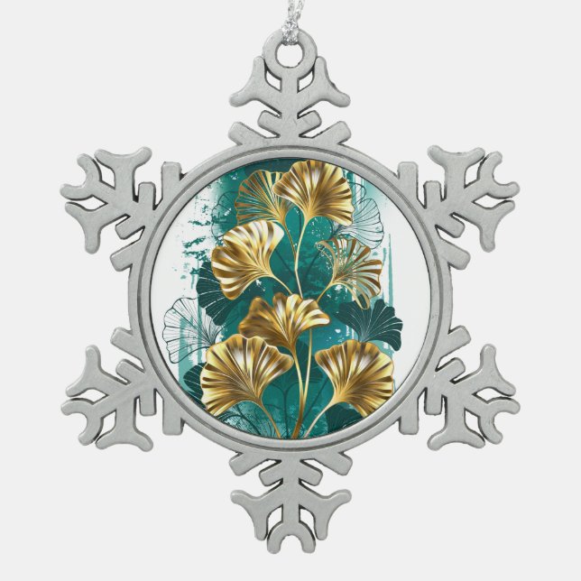 Ornement Flocon De Neige Branche avec Feuilles d'or Ginko Biloba (Devant)