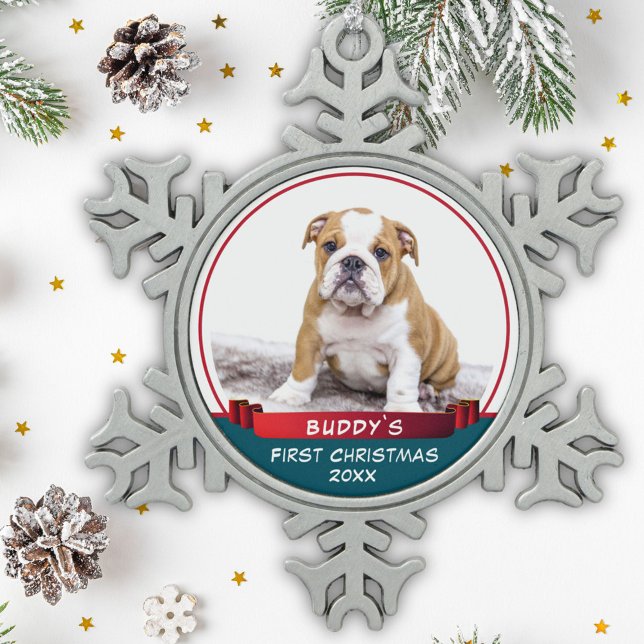 Ornement Flocon De Neige Bulldog Puppy 1st Christmas Red Ribbon Dog (Créateur téléchargé)