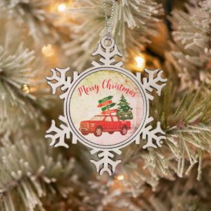 Ornement Flocon De Neige Camion rouge Vintage classique Nom de famille Noël