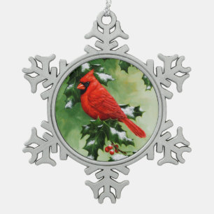 Ornement Flocon De Neige Cardinal du Nord mâle et houx