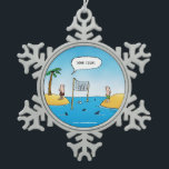 Ornement Flocon De Neige Caricature amusante de Shark Volleyball<br><div class="desc">Ton service ! Cette caricature amusante montre deux castaos jouant au volley-ball sur leurs îles personnelles avec une mer de requins attendant qu'on vienne après une balle perdue ! Avec la légende "Your Serve." Drôle et beau avec une mer et un ciel bleu cool. Retrouvez ici ce design sur beaucoup...</div>