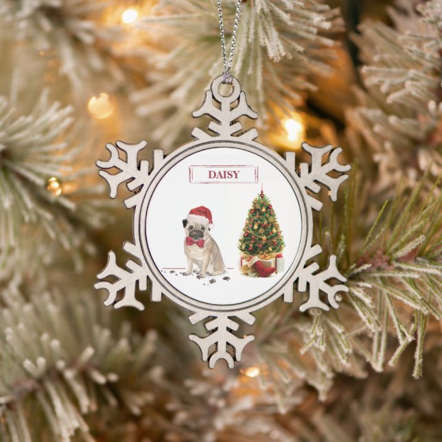 Ornement Flocon De Neige Carlin drôle Chien de Noël avec arbre (Arbre)