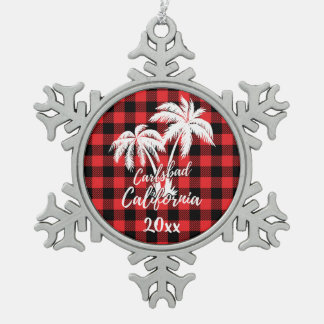 Ornement Flocon De Neige Carlsbad California Beach Palm Tree Red Plaid