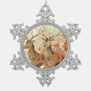 Ornement Flocon De Neige Carte de Noël vintage, Père Noël avec rennes
