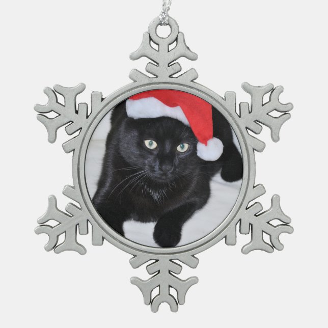 Ornement Flocon De Neige Chat noir avec le casquette rouge de Père Noël (Devant)