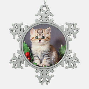 Ornement Flocon De Neige Chaton de Noël vintage et houx