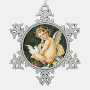 Ornement Flocon De Neige Cherub Cupid Dove Coeur Rose