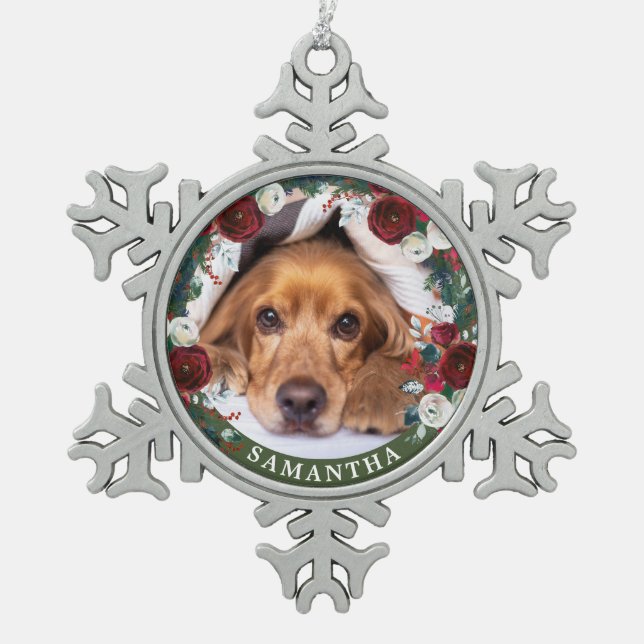 Ornement Flocon De Neige Chien photo animal rouge Rose Wreath (Devant)