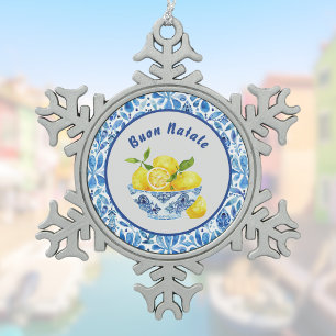 Ornement Flocon De Neige Citron Méditerranée Buon Natale Azulejo Toile Bleu