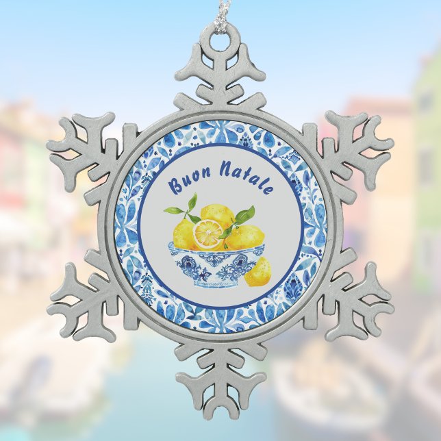 Ornement Flocon De Neige Citron Méditerranée Buon Natale Azulejo Toile Bleu (Créateur téléchargé)