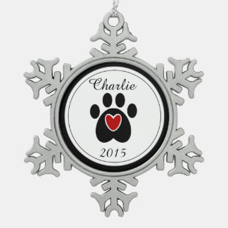 Ornement Flocon De Neige Coeur rouge et Empreinte de patte