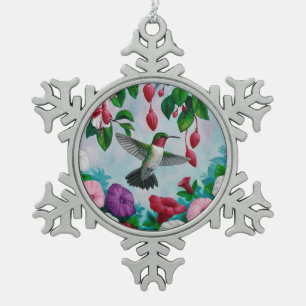 Ornement Flocon De Neige Colibri volant dans le jardin aux fleurs