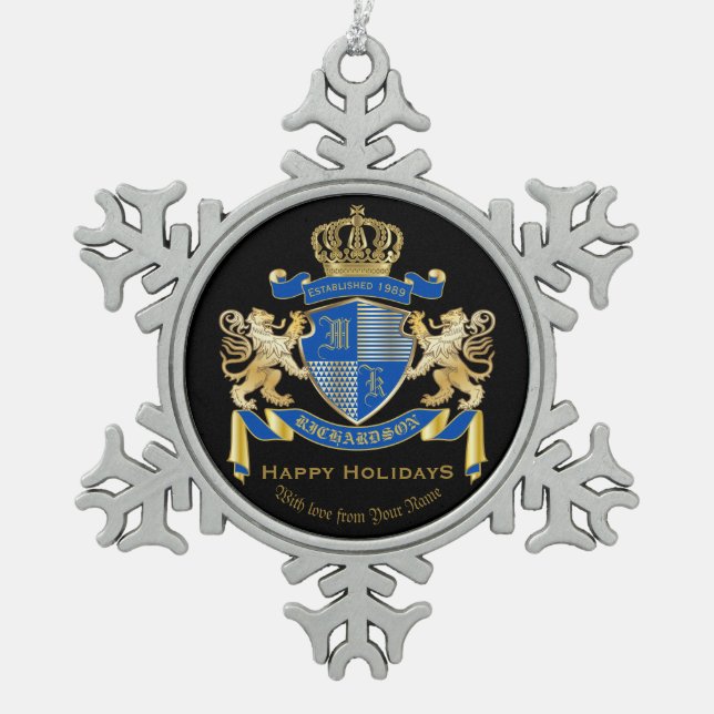 Ornement Flocon De Neige Créez votre propre manteau d'emblème bleu de lion (Devant)