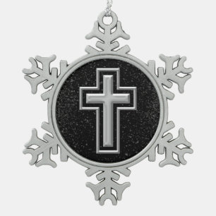 Ornement Flocon De Neige Croix chrétienne de ton argenté sur l'étincelle