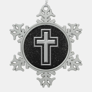 Ornement Flocon De Neige Croix chrétienne en ton d'argent sur l'étincelle n