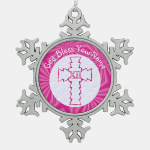 Ornement Flocon De Neige Croix chrétienne féminine rose personnalisée