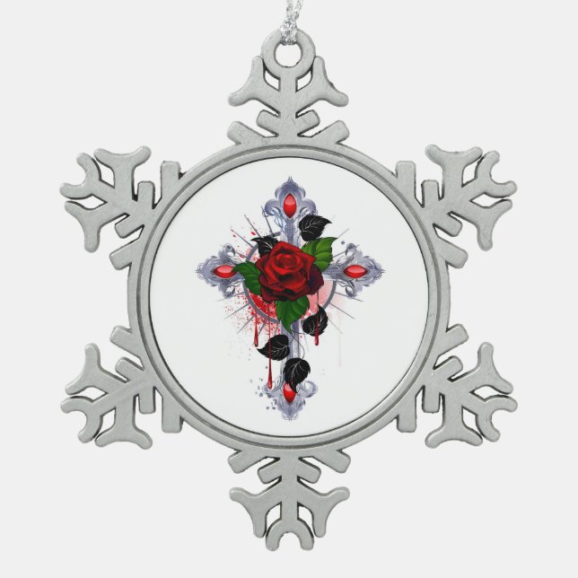 Ornement Flocon De Neige Croix d'argent avec une rose rouge (Devant)