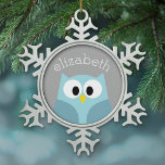 Ornement Flocon De Neige Cute Cartoon Owl - Blue and Gray Custom Name<br><div class="desc">A modern and simple owl with trendy colors. You can add a name,  monogram or other custom text. If you need to move the art around,  click on the customize button to make changes.</div>