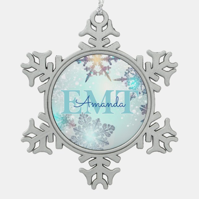 Ornement Flocon De Neige Cute EMT Ice Blue Snowflake Personalized Name  (Devant)