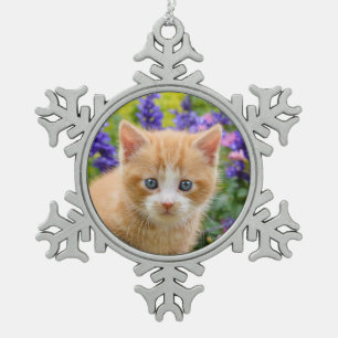 Ornement Flocon De Neige Cute Ginger Chat Kitten en Jardin Fleuri Portrait