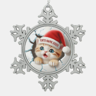 Ornement Flocon De Neige Cute Kitten 3D à Père Noël Casquette pour Noël
