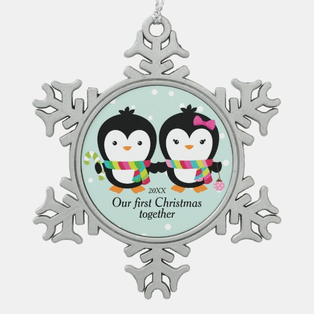 Ornement Flocon De Neige Cutie Penguin Couple Premier Noël (Devant)