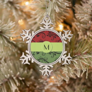 Ornement Flocon De Neige Damas rouge, Damas vert, Monogramme