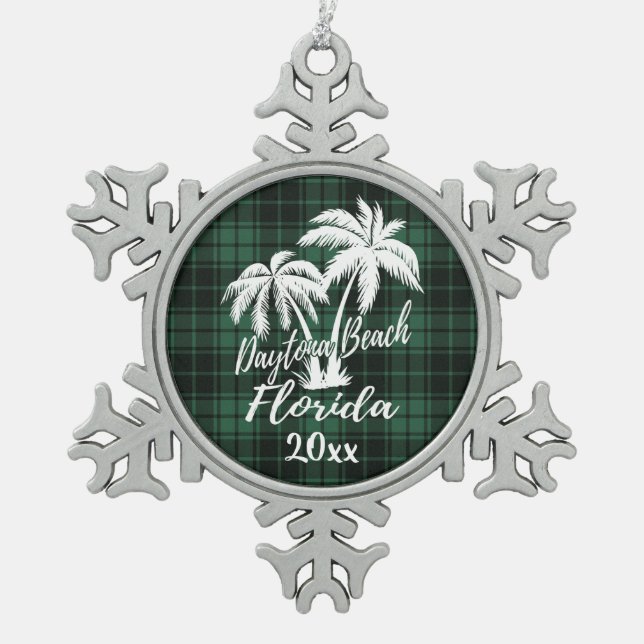 Ornement Flocon De Neige Daytona Beach Floride Palm Green Plaid (Devant)