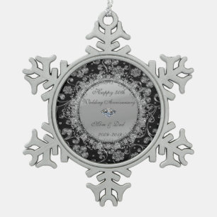 Ornement Flocon De Neige Diamants Floraux Argent 50e Anniversaire de Mariag